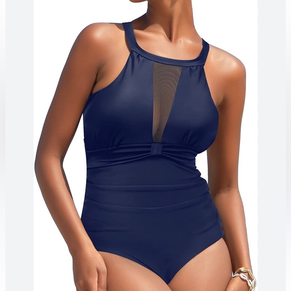 I2CRAZY Womens One Piece Swimsuit Mesh V Neck Navy Ruched Bathing Suit L NWT